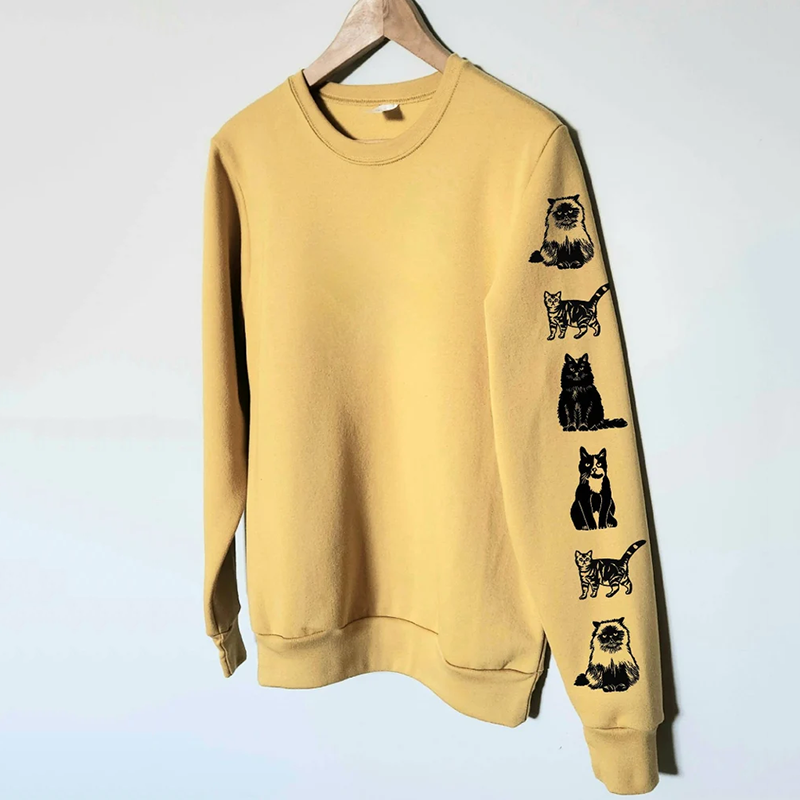 Cute Cat Sleeve Art Print Crew Neck Casual Sweatshirt elevenforest