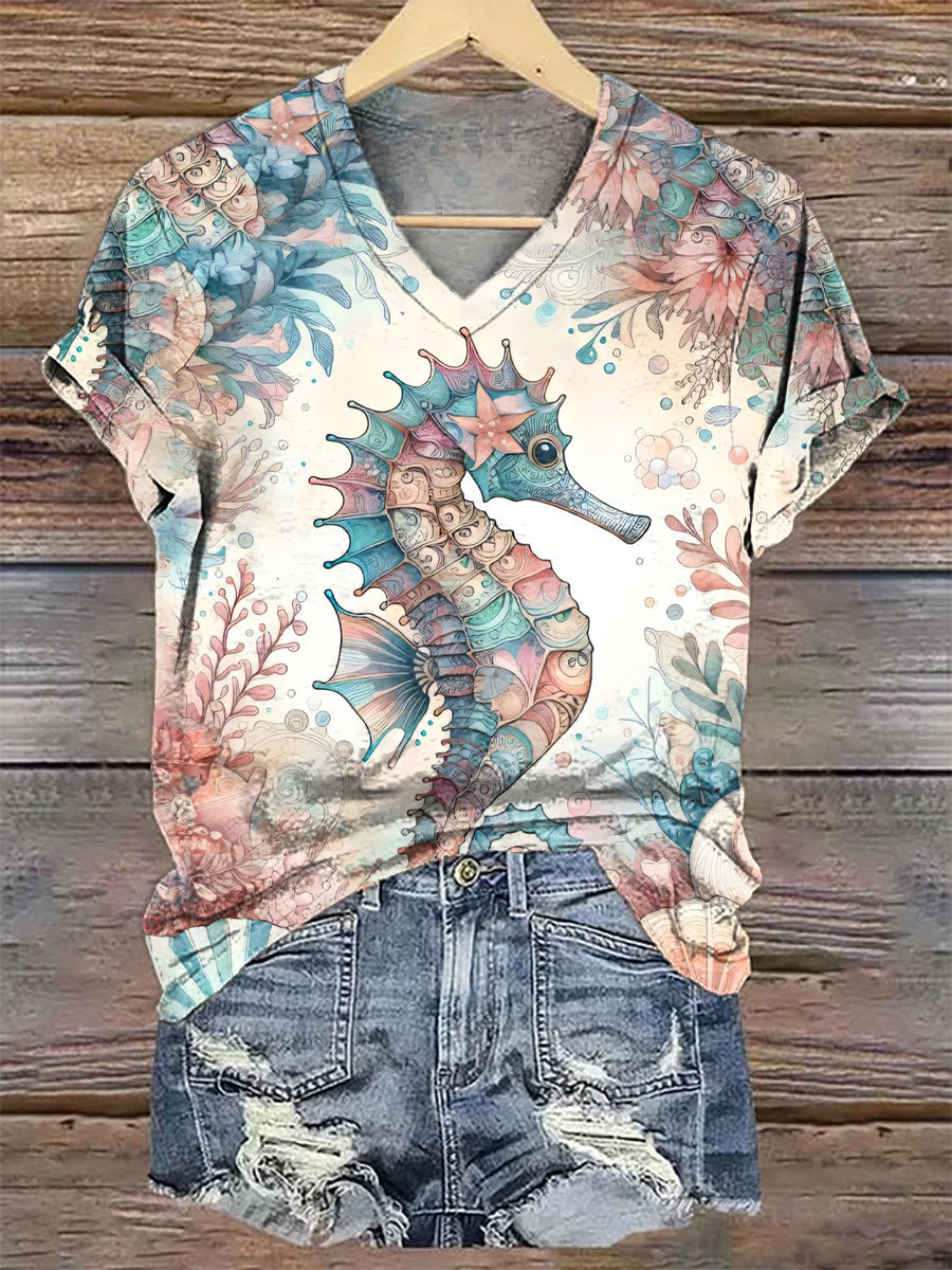 Women's Floral Seahorse Art Print V-Neck Casual T-Shirt