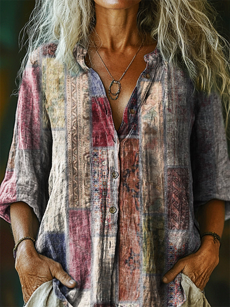 Women's Vintage Floral Art Print Casual Cotton Linen Shirt