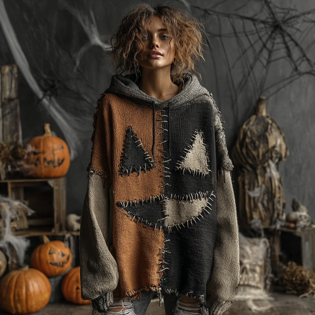 Halloween Pumpkin Face Colorblock Patchwork Knitted Hooded Sweater artswardrobe