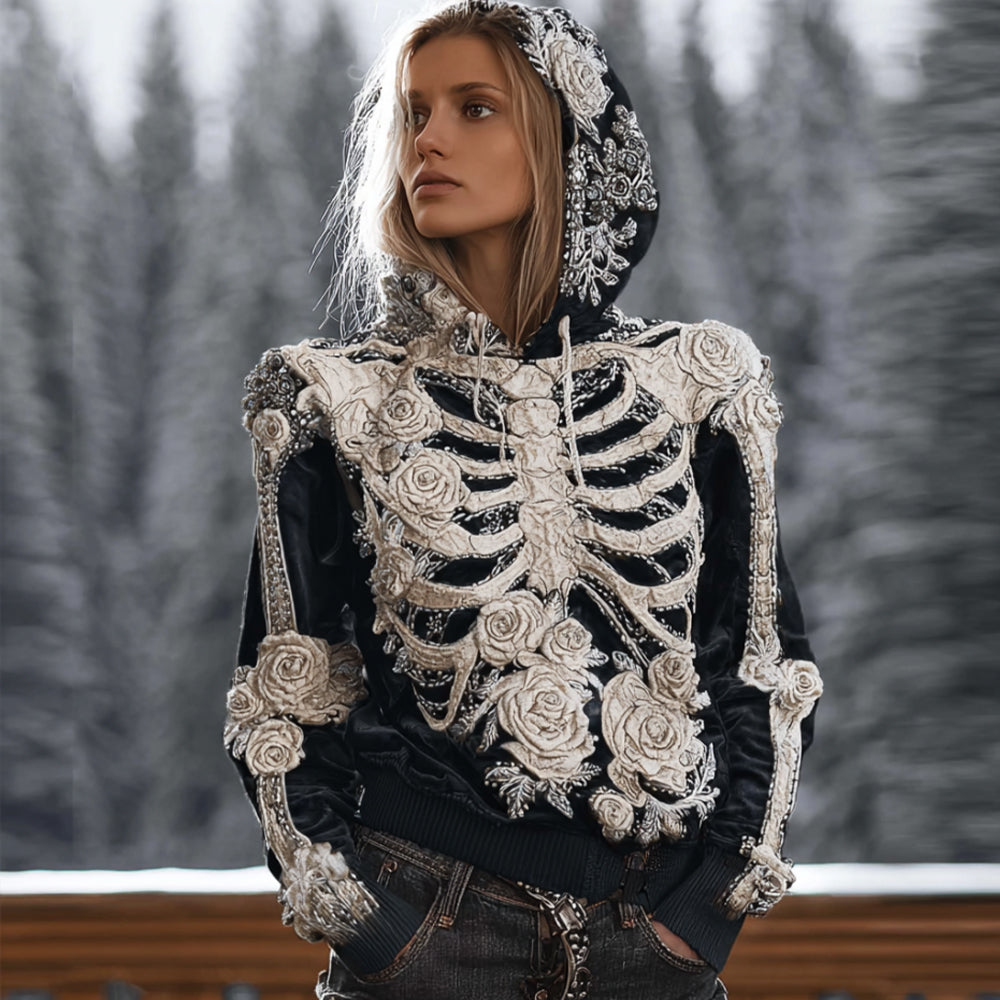Comstylish Women Halloween Skeleton And Rose Old Thick Hoodie