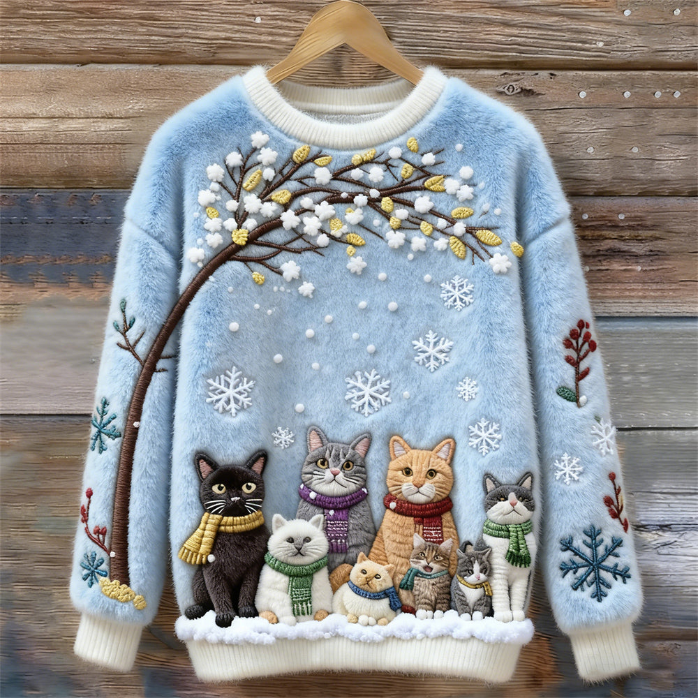 Christmas Cats Embroidery Women's Cozy Plush Sweater artswardrobe