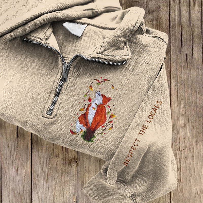 Respect The Locals Fox Embroidered Zip Up Sweatshirt artswardrobe