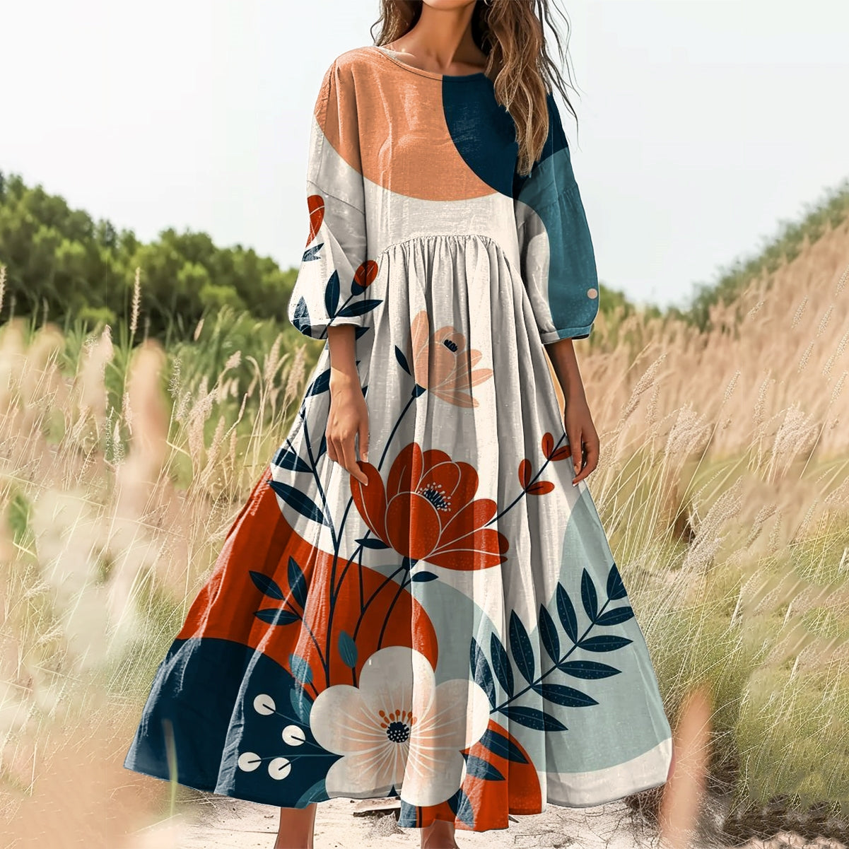 Women's Floral Art Print Cotton Crew Neck Dress