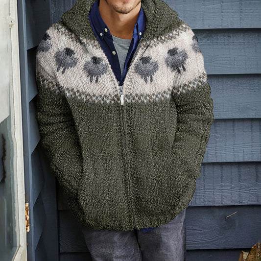 Mens Vintage Sheep Art Knitted Hooded Cardigan elevenforest