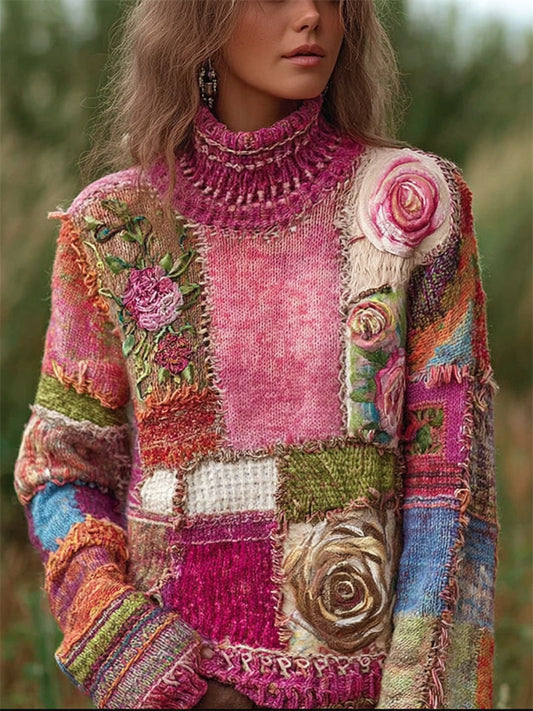 Boho Roses Crochet Floral Colorblock Cozy Knit Turtleneck Sweater elevenforest