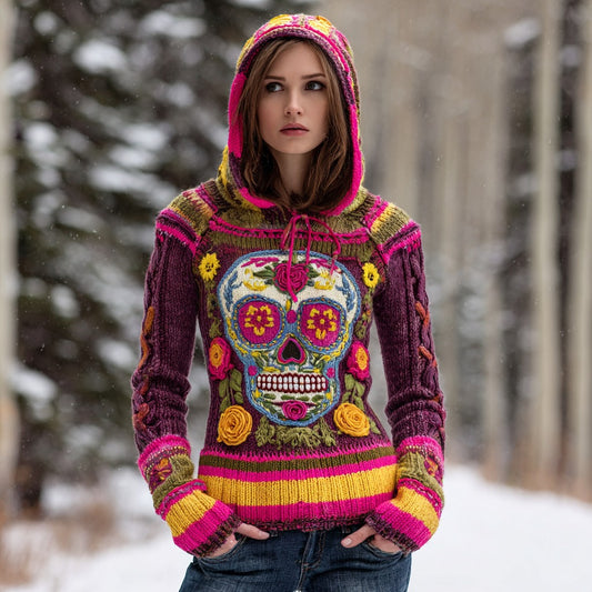 Women's Vintage Sugar Skull And Floral Knit Jacquard Warm Hooded Sweater elevenforest