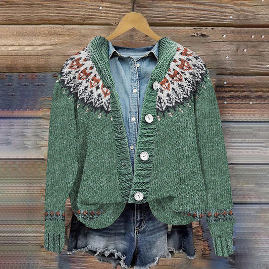 Vintage Fox Wave Print Knitted Hooded Cardigan elevenforest