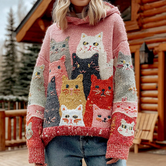 Women's Colorful Cats Pattern Cozy Knit Hooded Sweater elevenforest