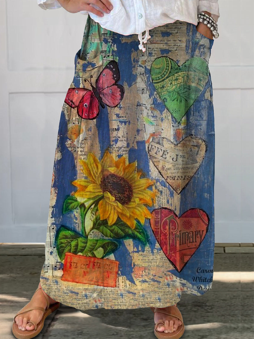 Women's Sunflower Heart Butterfly Pattern Art Printed Linen Pocket Ski