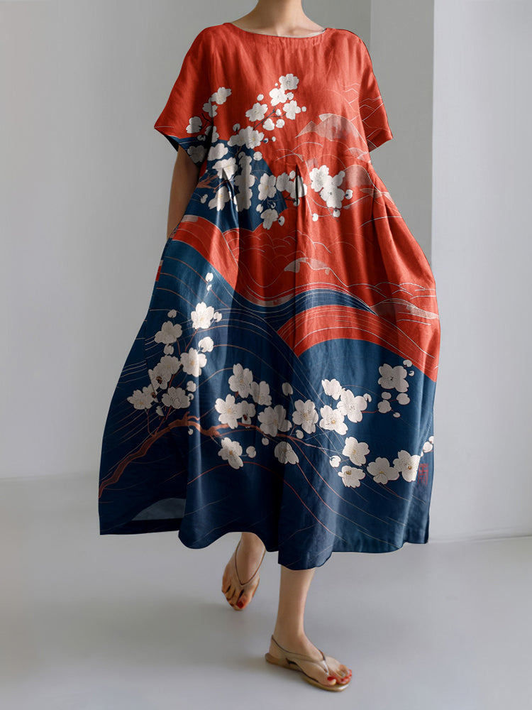 Casual Japanese Art Waves Sakura Print Linen Blend Dress