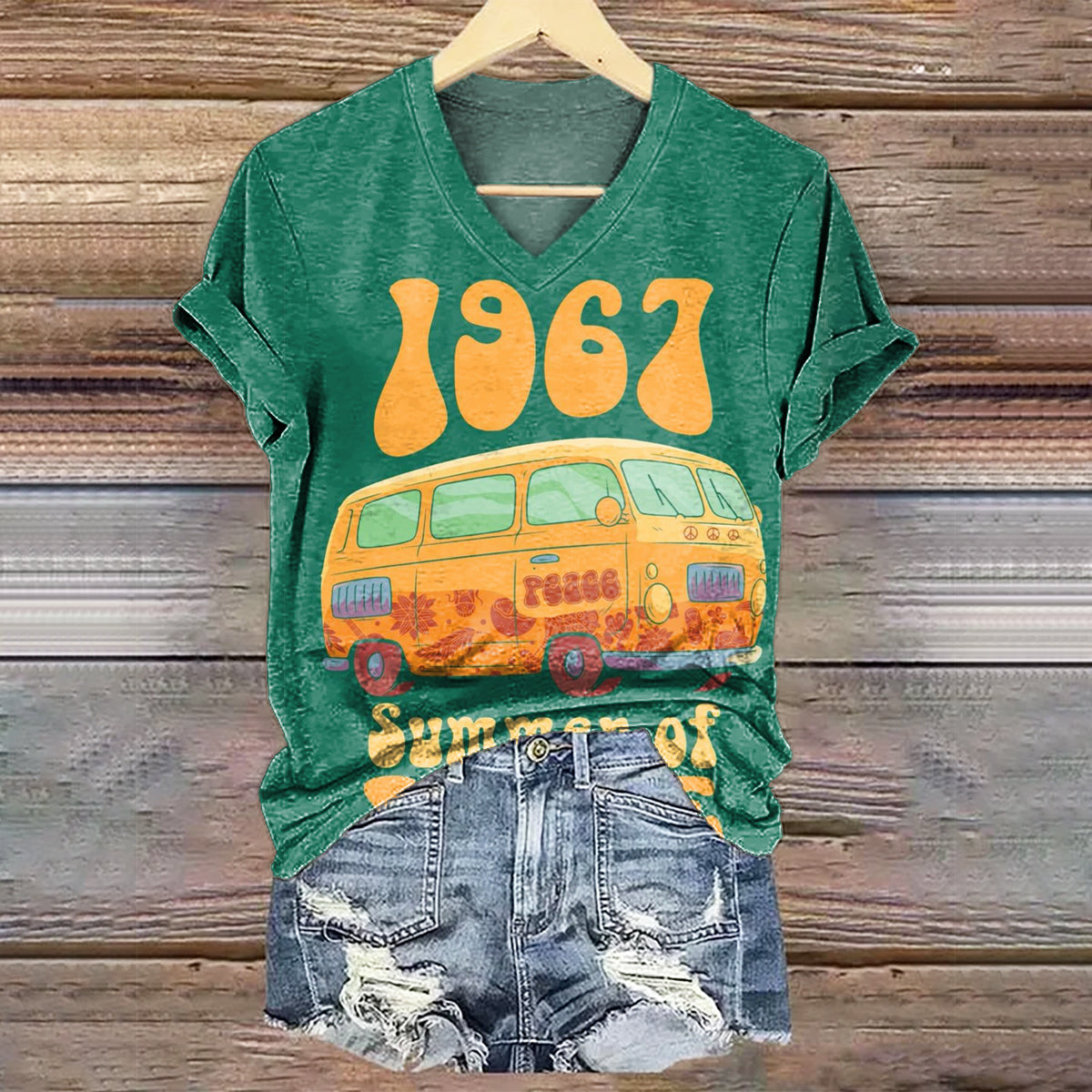 Women's Hippie Car Art Print V-Neck Casual T-Shirt