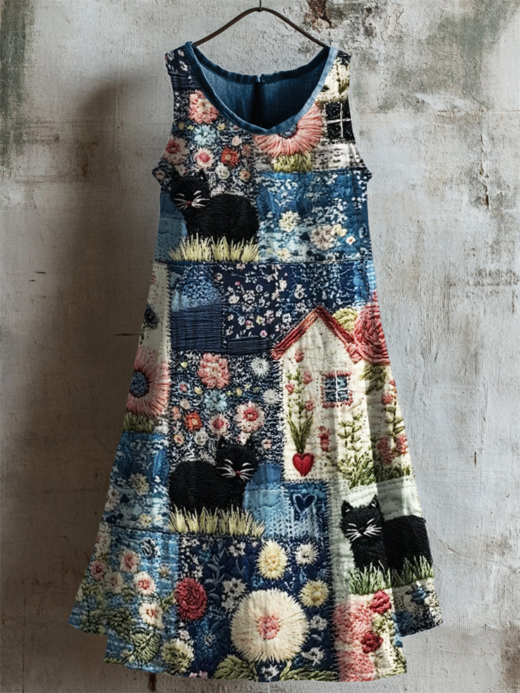 Black Cats Embroidered Cottage Floral Textile Linen Tank Dress artswardrobe