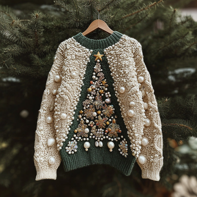 Christmas Tree Embroidered Pearl Crew Neck Sweater artswardrobe