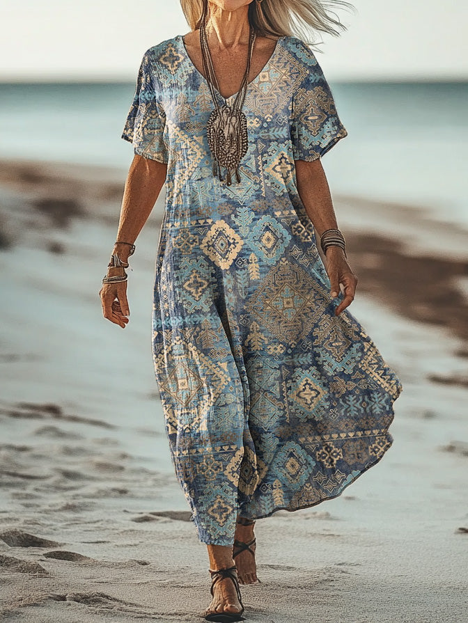 Women's Art Floral Hippie Vintage Print V Neck Dress