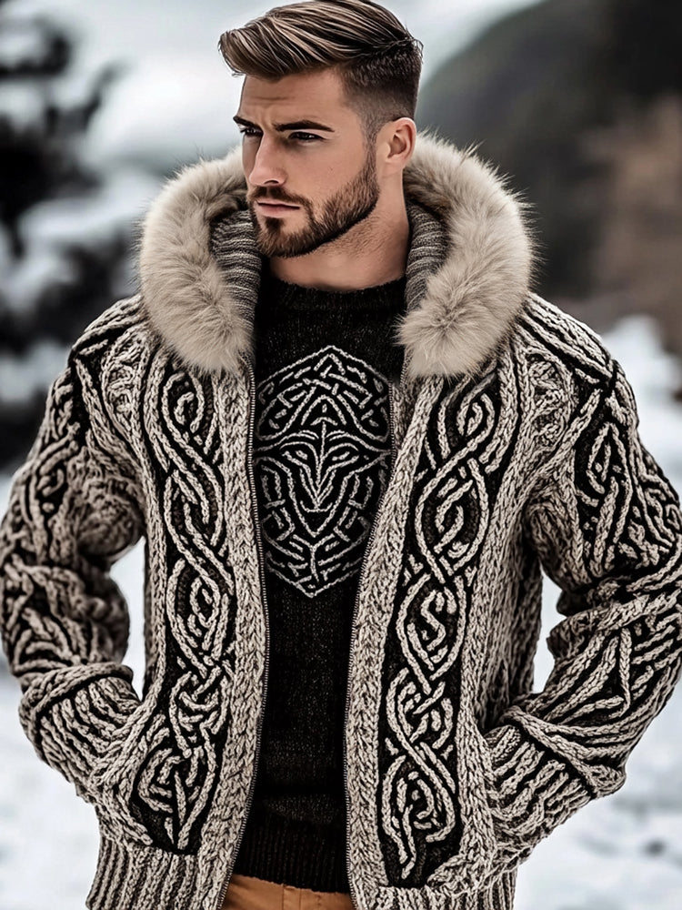Men's Viking Kyle Style Thickened Fur Collar Zip-up Sweater artswardrobe