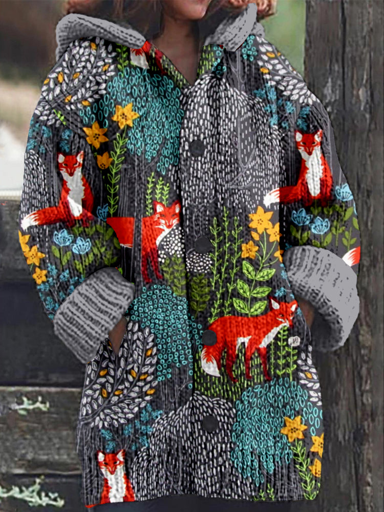 Fox in the Forest Graphic Cozy Hooded Cardigan artswardrobe