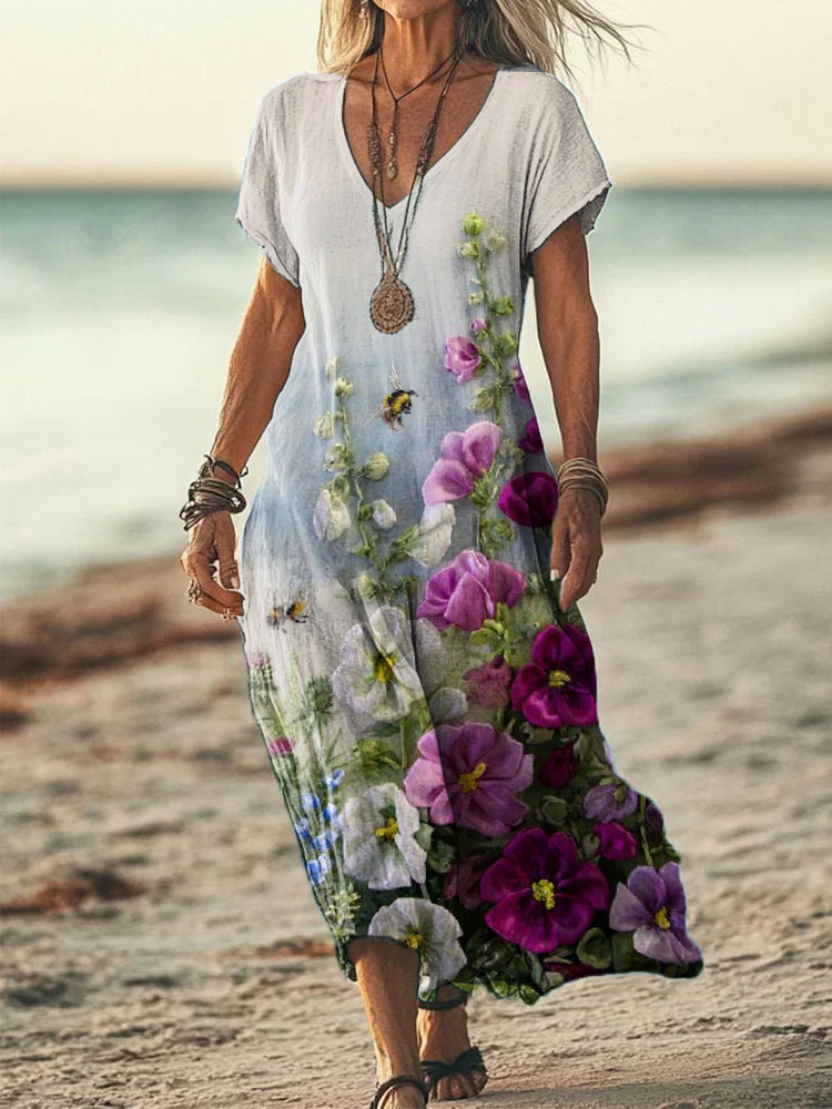 Women's Floral Embroidered Linen Blend Vintage Dress artswardrobe