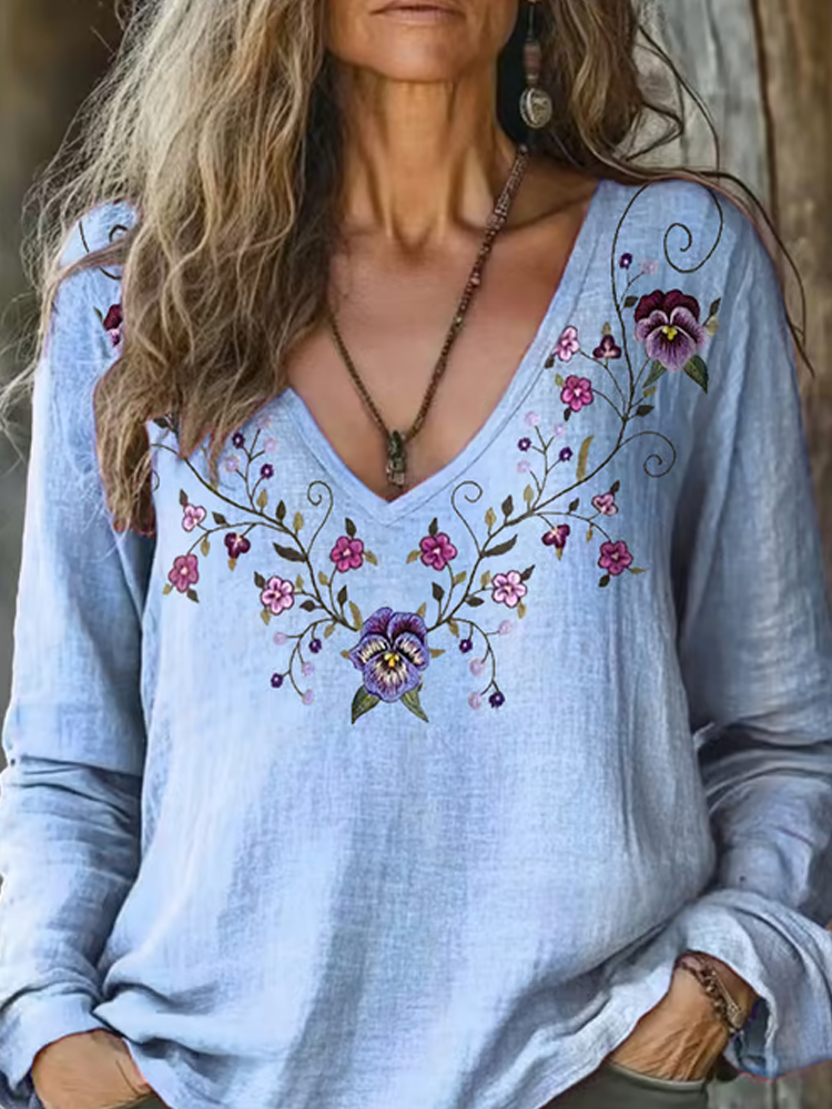 Comstylish Women's Alzheimer's Floral Printed Cotton And Linen Long Sleeve Top
