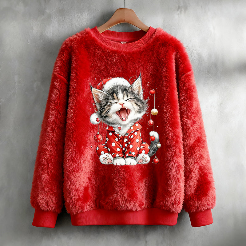 Comstylish Women's Fun Christmas Cat Plush Crew Neck Sweatshirt