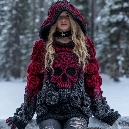 Women's Vintage Viking Tribal Celtic Skull Gradient Art Chunky Knit Hooded Sweater elevenforest