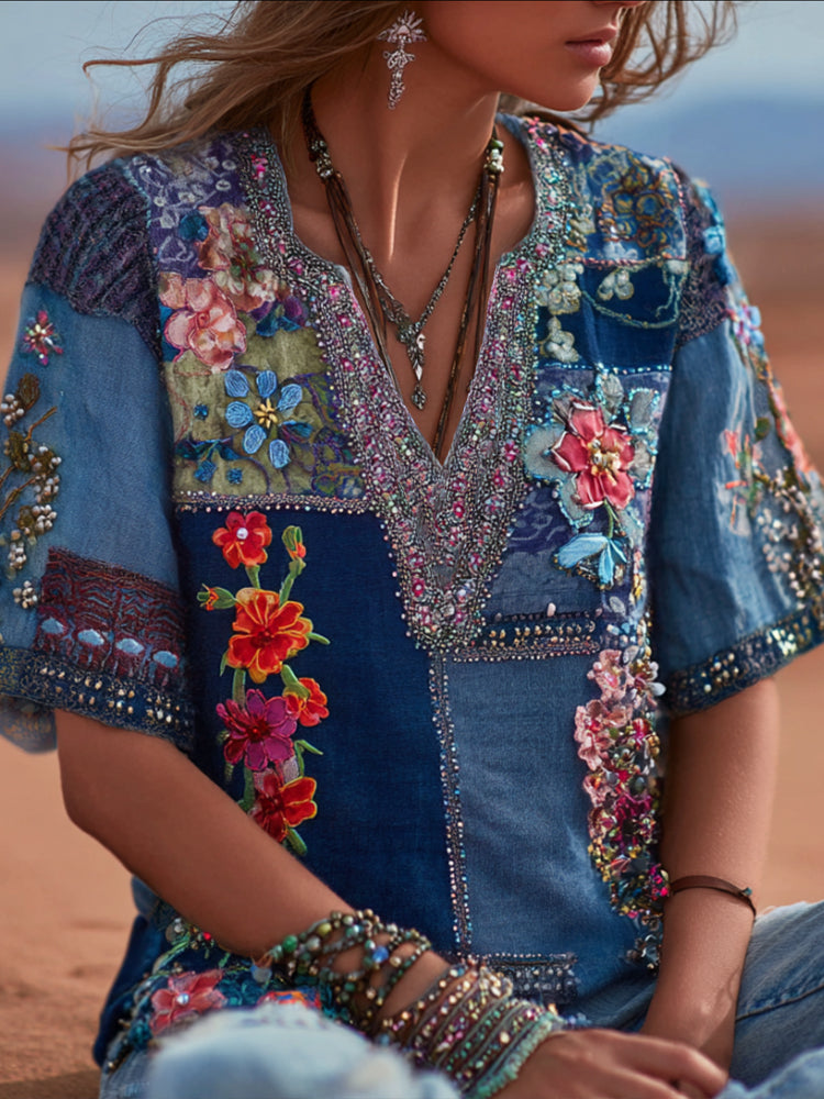 Bohemian-style Three-dimensional Multi-colored Floral Patchwork V-neck Short-sleeved Shirt artswardrobe