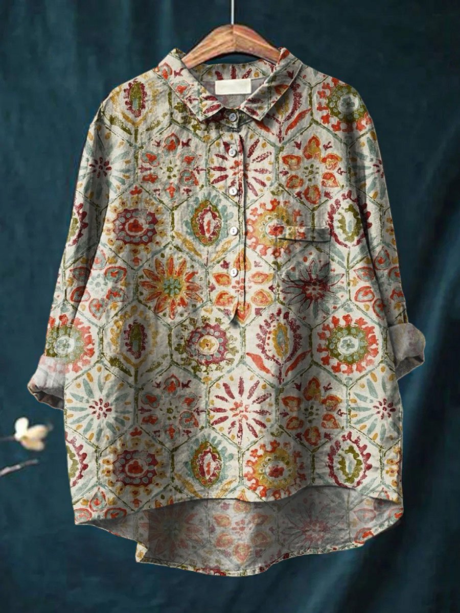 Women's Vintage Ethnic Floral Art Print Casual Cotton And Linen Shirt