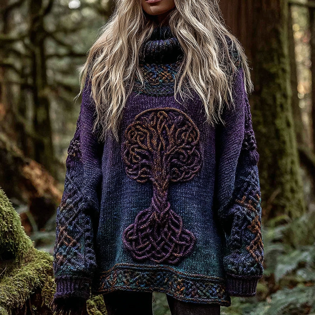 Women's Viking Tree Of Life With Celtic Knot Art Gradient Turtleneck Cozy Knit Sweater artswardrobe