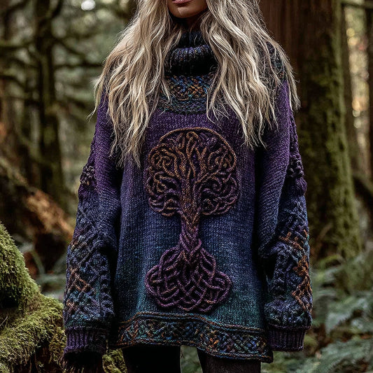 Women's Viking Tree Of Life With Celtic Knot Art Gradient Turtleneck Cozy Knit Sweater artswardrobe