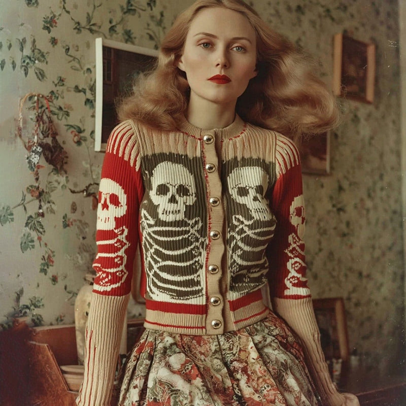 Women's Vintage Skull Pattern Cozy Knit Sweater Cardigan artswardrobe
