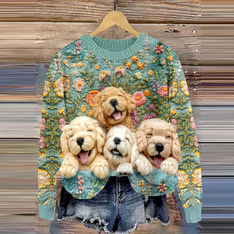 Women's Vintage Golden Retrievers And Floral Art Graphics Cozy Sweater artswardrobe