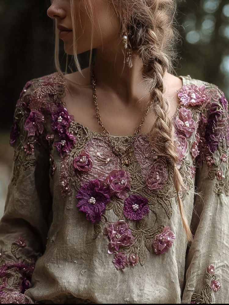 Comstylish Bohemian Style Round Neck Long Sleeve 3d Purple Flower Design Cotton And Linen Top For Women