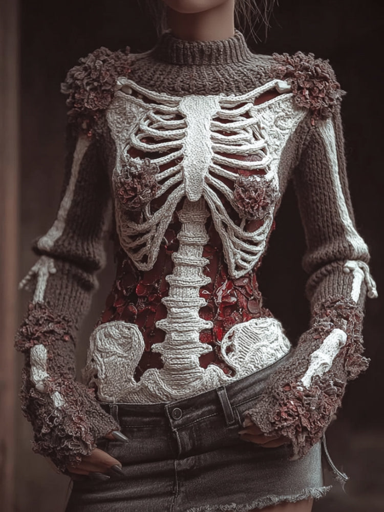 Women's Halloween Skeleton Art High Collar Sweater artswardrobe