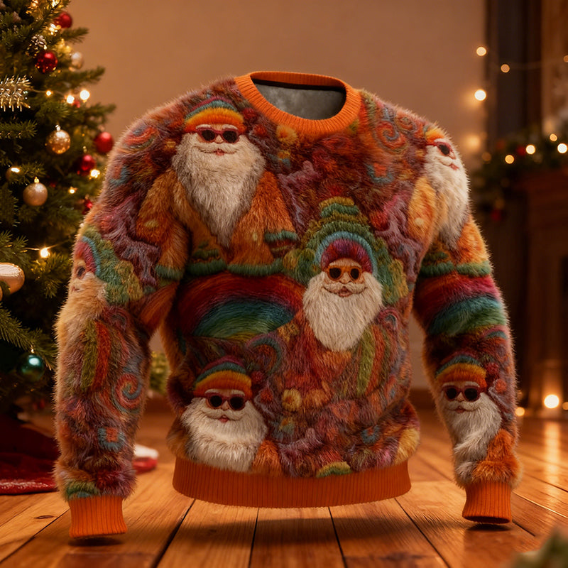 Comstylish Men's Retro Santa Claus Head Print Plush Sweater