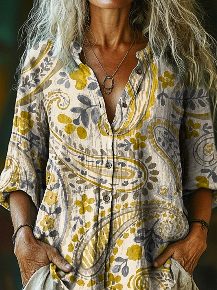 Women's Vintage Ethnic Cashew Flower Trimmed Pattern Art Printed Linen