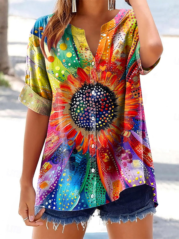 Women's Floral Pattern Art Print Casual Cotton Linen Short Sleeve Shir