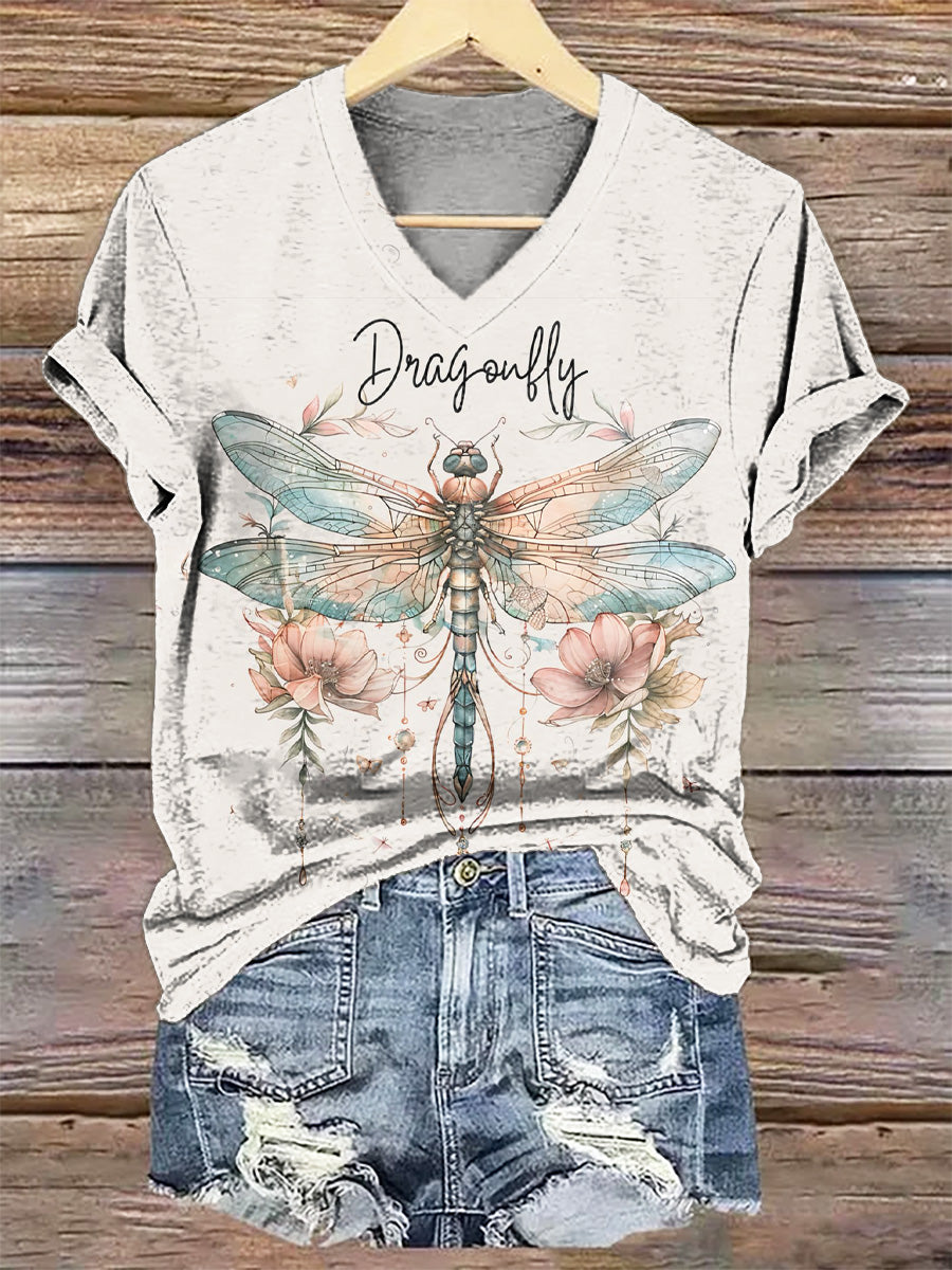 Women's Dragonfly Floral Art Print V-Neck Casual T-Shirt