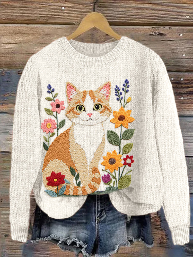 Comstylish Embroidered Floral Cat Cozy Knit Sweater