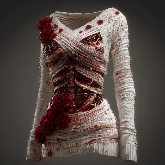 Classy Skeleton Bloody Roses Bandages V Neck Sweater artswardrobe