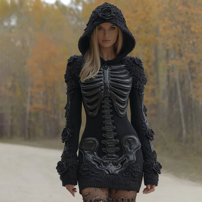 Women's Vintage Halloween Skeleton Bones Rose Lace Art Cozy Knit Hooded Sweater Dress artswardrobe
