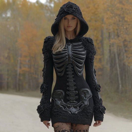 Women's Vintage Halloween Skeleton Bones Rose Lace Art Cozy Knit Hooded Sweater Dress artswardrobe