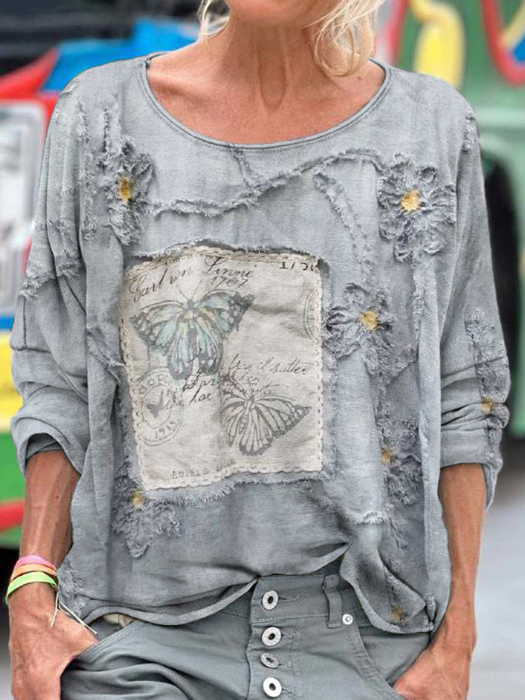 Butterfly Floral Pattern Women's Linen Long Sleeve T-shirt artswardrobe
