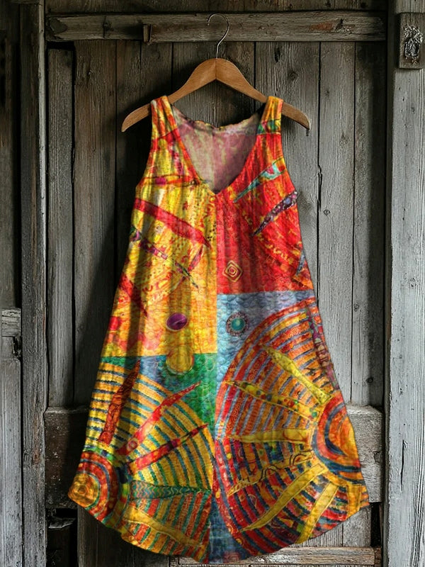 Women's Bohemian Sun Collage Art Pattern Print V-neck Pocket Cotton Dr