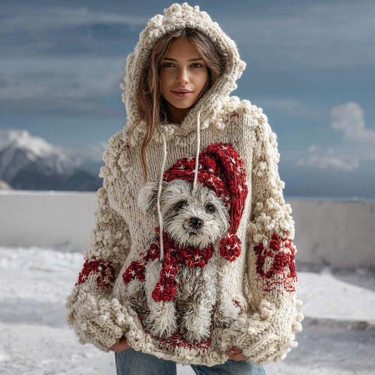 Plush Dog With Santa Hat Knitted Jacquard Warm Hooded Sweater artswardrobe