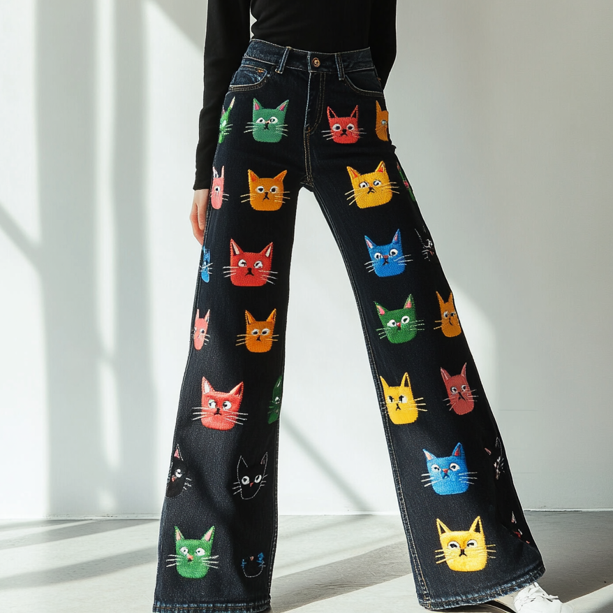 Women's Pop Art Cute Cat Design Jeans elevenforest