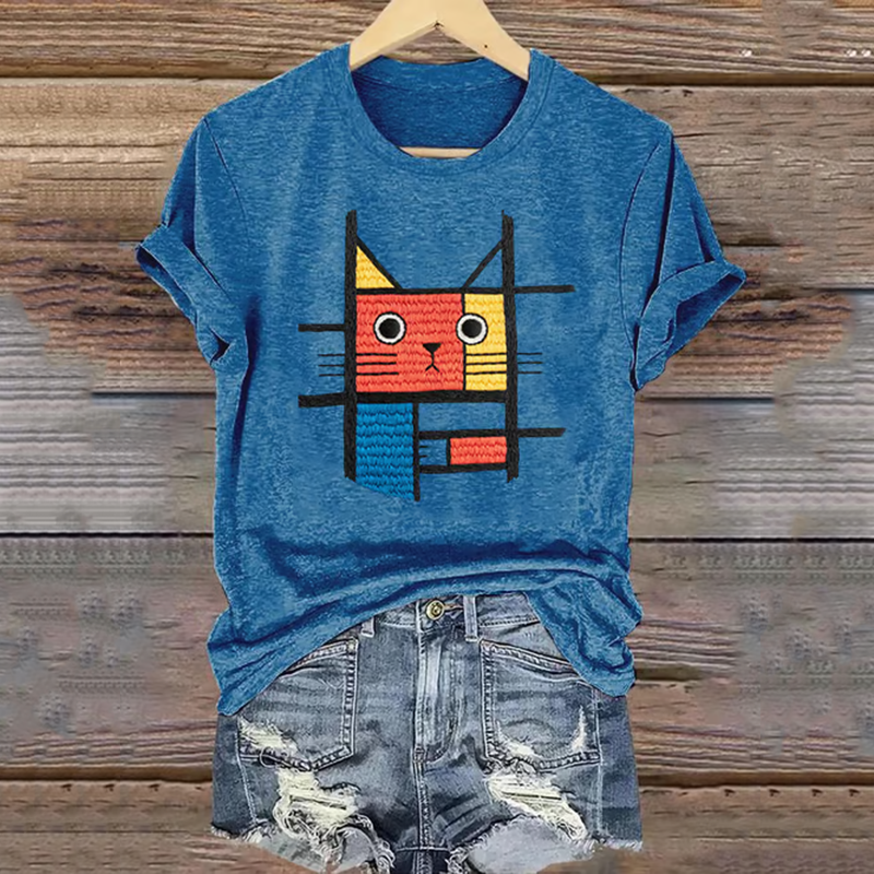 Abstract Creative Geometric  Cat Embroidered  Art Print Cotton Graphic T-shirt elevenforest
