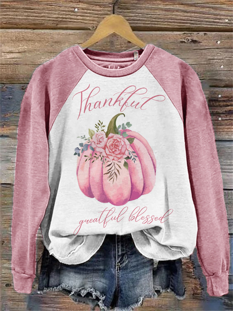 Thankful Grateful Blessed Pink Pumpkin Floral Raglan Sweatshirt artswardrobe
