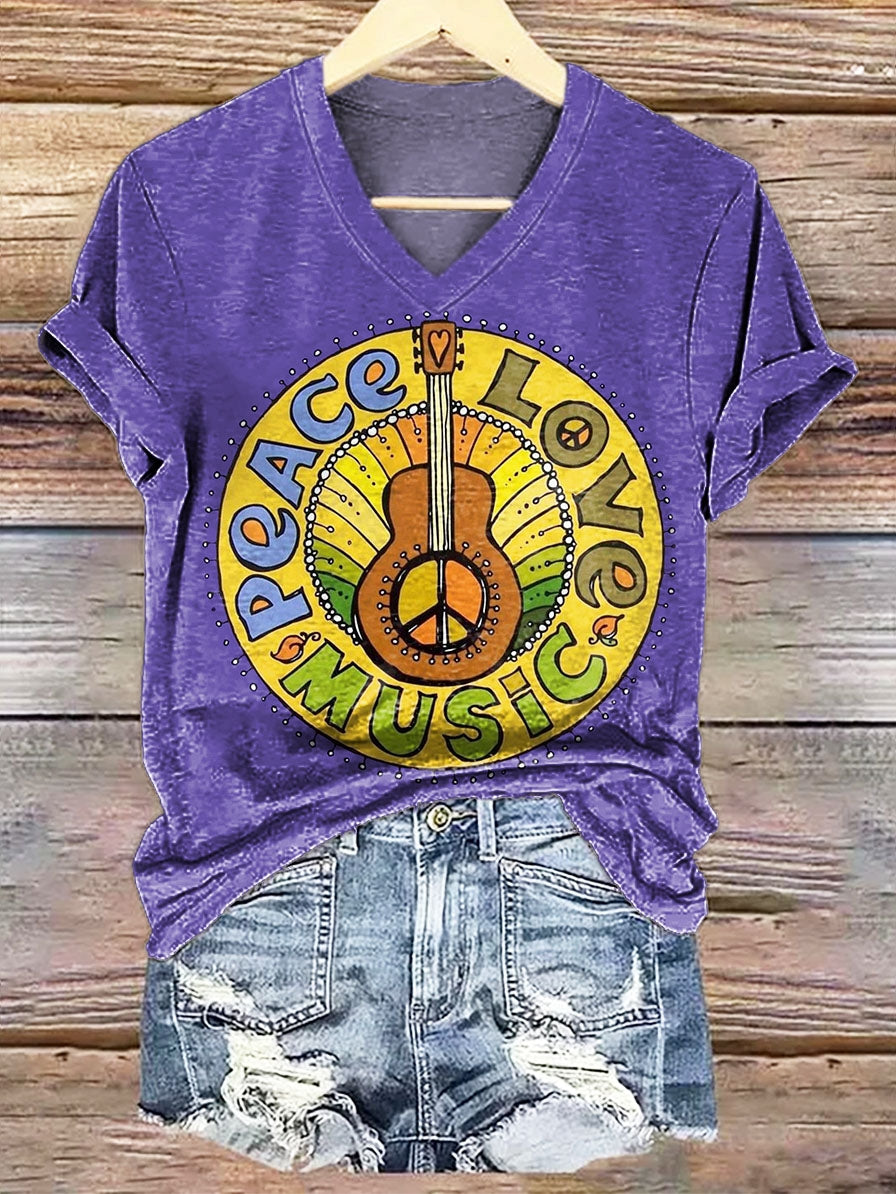 Women's Hippie Music Peace Love Art Graphic Print Casual V-neck T-shir