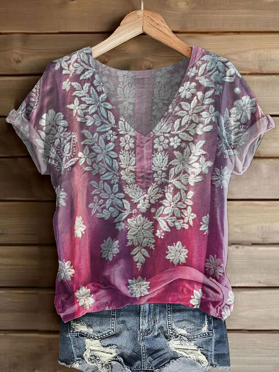 Women's Vintage Ethnic Floral Art Print V-neck Casual T-Shirt