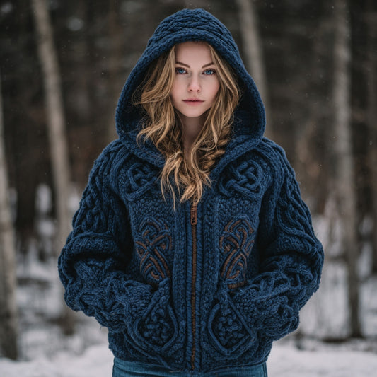 Women's Viking Celtic Knot Cozy Warm Knit Full Zip Hooded Sweater artswardrobe